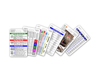May include: A set of six laminated medical reference cards with color-coded charts and diagrams. The cards cover topics such as respiratory rate, heart rate, blood pressure, liquid requirements, and chest x-ray landmarks.