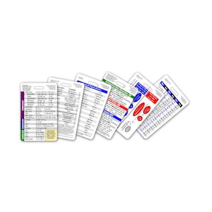 May include: A set of six laminated medical reference cards with different medical information. The cards are white with black, blue, red, and green text and graphics. The cards include information on blood gas, electrolytes, respiratory rate, and pediatric equivalents.