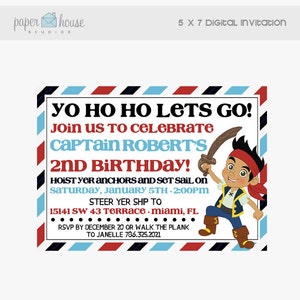 May include: A red, white, and blue invitation for a 2nd birthday party. The invitation features a cartoon pirate character and the text "Yo Ho Ho Lets Go! Join us to celebrate Captain Robert's 2nd Birthday!" The invitation also includes the date and time of the party, the address, and RSVP information.