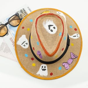 Hand-Painted Ghost Pumpkin Candy Hat, Spooky Halloween Straw Fedora, Unique Costume Accessory