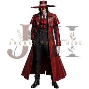 Puede incluir: Una gabardina larga de cuero rojo sobre un chaleco negro de doble botonadura, camisa blanca de cuello, corbatín rojo y pantalones negros. El conjunto incluye un sombrero rojo de ala ancha, gafas circulares de color naranja y guantes blancos.