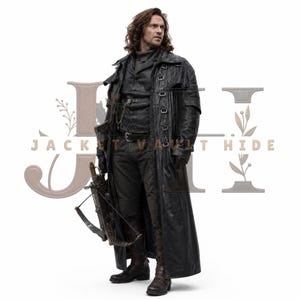 May include: A long black leather trench coat featuring multiple silver buckles along the front closure, worn over a dark shirt and trousers. The outfit includes dark leather boots and a handheld crossbow accessory. The text JACKET VAULT HIDE is visible.