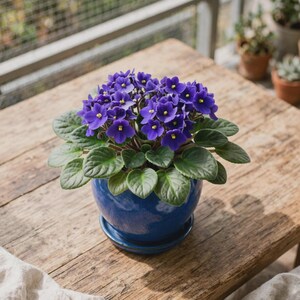 May include: A vibrant African violet plant with numerous deep purple, five-petaled flowers and bright yellow centers. The plant features thick, fuzzy, dark green leaves and is potted in a glossy, round, cobalt blue ceramic pot with a matching saucer.