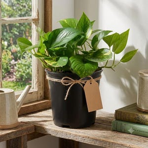 May include: A vibrant green pothos plant with heart-shaped leaves potted in a smooth black plastic container. A piece of natural jute twine is tied around the rim of the pot in a bow, holding a blank, rectangular light brown paper gift tag.