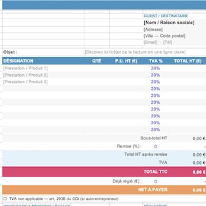 Peut inclure: Un modèle de facture blanc avec des bandes d'en-tête et de pied de page bleues, roses et orange. Le document comprend des champs pour les informations de l'entreprise, les détails du client, les produits, les quantités et les taxes.