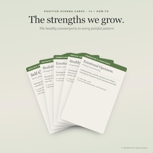 May include: A set of Positive Schema Cards titled The strengths we grow. The healthy counterparts to every painful pattern. Each white card features a green tab with text including Emotional Openness, Healthy Autonomy, and Realistic Standards.