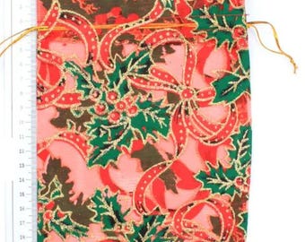 Large Red Organza Gift Bag 12 Christmas Holly Print Wedding Favour 22cm X 15cm
