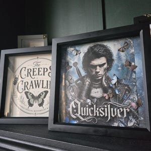May include: A black shadow box frame containing a print of a dark-haired person in armor with the text Quicksilver, accented by several small, three-dimensional butterfly figures attached to the glass surface, positioned next to another framed print.