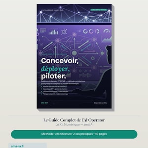 May include: A digital guide titled Le Kit Numérique featuring a purple background with a network diagram and a silhouette of a person. The text reads Concevoir, déployer, piloter, Systèmes IA dans les TPE/PME, and Le Guide Complet de l'AI Operator.