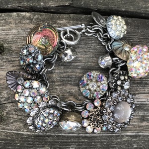 Stunning Iridescent Vintage and Antique  Rhinestone and Glass Button Charm Bracelet