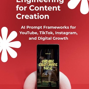 May include: A smartphone displaying an online exclusive sale advertisement on a red background with white flower graphics. The text reads AI Prompt Engineering for Content Creation, AI Prompt Frameworks for YouTube, TikTok, Instagram, and Digital Growth, and Imran Rao.