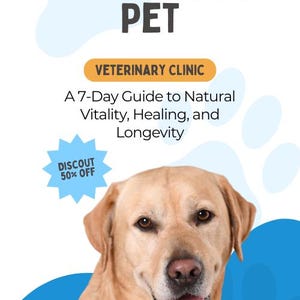Peut inclure: Une couverture de livre intitulée The Holistic Pet par Imran Rao, montrant un Labrador retriever jaune avec la langue sortie. Le texte indique Veterinary Clinic, A 7-Day Guide to Natural Vitality, Healing, and Longevity, et une étoile bleue Discout 50% Off.