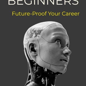 May include: A book cover titled AI SURVIVAL GUIDE FOR BEGINNERS Future-Proof Your Career by Imran Rao. The cover features a black and white image of a humanoid robot head with visible mechanical components and circuitry on a dark gray background.
