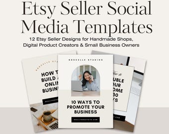 May include: A set of digital social media templates for Etsy sellers, featuring three overlapping graphic designs with text including 'Etsy Seller Social Media Templates', '10 Ways to Promote Your Business', and 'How to Build an Online Business'.