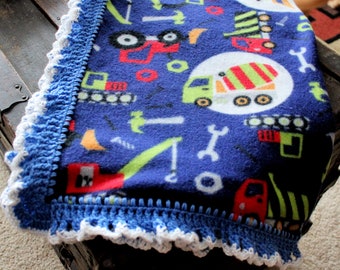 Construction Print Fleece with Crocheted Border Baby Blanket / Lap Blanket