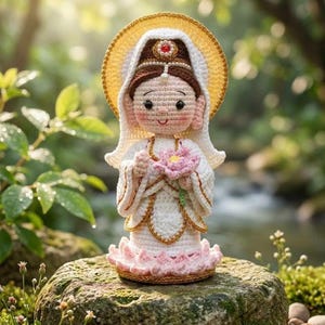 Puede incluir: Una figura de ganchillo de una deidad con cabello castaño, vestida con una túnica blanca con bordes dorados y un gran halo dorado. La figura sostiene una flor de loto rosa en sus manos y se apoya sobre una base de pétalos de loto rosa con una gema.
