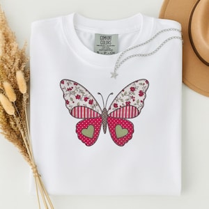 Faux Patchwork Butterfly Shirt, Comfort Colors Grandmillennial Quilted Butterfly Tee, Cottagecore Easter Spring Gift, Floral Gingham Butterf