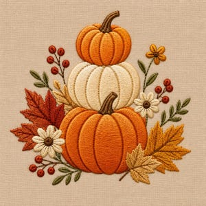 Könnte beinhalten: Ein Stickdesign mit einem Stapel aus drei Kürbissen in Orange- und Cremetönen, umgeben von herbstlichem Laub, darunter rote und gelbe Ahornblätter, kleine weiße und gelbe Blumen sowie rote Beerensträuße auf einem beigen Stoff.