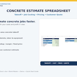 May include: A digital concrete estimate spreadsheet template featuring sections for takeoff, job costing, pricing, and customer quotes. The layout includes text headers, bullet points, and a preview of an Excel table with cost and profit data.