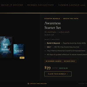 Puede incluir: Un gráfico promocional negro para el Awareness Starter Set que presenta el libro Build It Beyond de Anita Willis y el Vol 1 IBH 90-Day Awareness Journal. El texto incluye Build It Beyond - Bundle Collection - Summer Launch 2026.