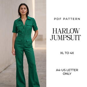 May include: A PDF pattern for the Harlow Jumpsuit, sizes XL to 4X, for A4 and US Letter paper. The jumpsuit is emerald green with short sleeves, a collared neckline, a button-down front, and four flap pockets on the chest and hips.