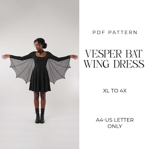 May include: A black dress with long sleeves and sheer bat wing panels extending from the arms. The text reads: PDF PATTERN, VESPER BAT WING DRESS, XL TO 4X, A4-US LETTER ONLY. The garment features a scoop neckline and a flared skirt silhouette.