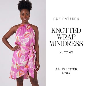 May include: A PDF pattern for a knotted wrap minidress in sizes XL to 4X, designed for A4 and US letter paper. The dress features a sleeveless halter neckline and a vibrant pink, orange, and cream abstract floral print pattern.