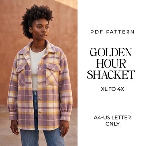 May include: A PDF pattern for a Golden Hour Shacket in sizes XL to 4X, formatted for A4 and US Letter paper. The shacket features a plaid pattern in shades of purple, yellow, and cream, with a collar, button-front closure, and two chest pockets.