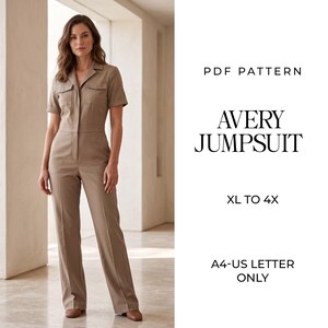 May include: A PDF pattern for the Avery Jumpsuit, sized XL to 4X, for A4 and US Letter printing. The image displays a tan, short-sleeved jumpsuit with a collared neckline, button-down front, two chest pockets, and straight-leg trousers.