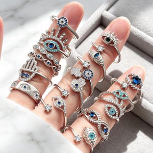 Silberner Hamsa-Ring mit dem bösen Blick, verstellbarer Zirkonia-Kristall-Schutzring, stapelbar