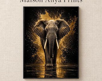 Print van een olifant in zwart en goud, dramatische wanddecoratie met wilde dieren, digitale download.