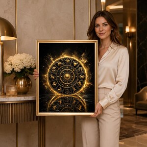 Könnte beinhalten: Ein rechteckiges gerahmtes Wandbild mit einem kreisförmigen goldenen Tierkreiszeichen-Rad auf schwarzem Hintergrund. Das Design zeigt zwölf astrologische Symbole in einem Ring angeordnet, mit einem Sonnenmotiv in der Mitte, umgeben von leuchtendem Licht.