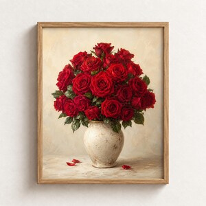 Rose rosso intenso in vaso color crema, romantica natura morta floreale (download digitale)