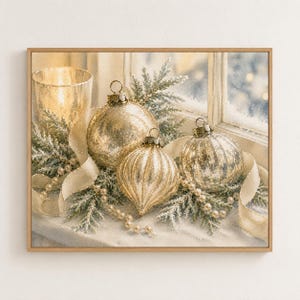 Décoration murale imprimable de Noël avec rebord de fenêtre enneigé et ornements dorés, pin givré et bougies (téléchargement numérique) 413
