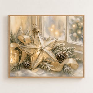 Décoration de rebord de fenêtre en forme d'étoile dorée, sapin illuminé aux chandelles, art mural imprimable pour Noël (téléchargement numérique)