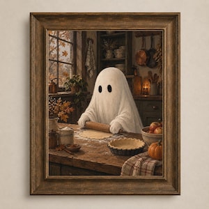 Può includere: Una stampa artistica incorniciata raffigurante un fantasma bianco con occhi neri che stende l'impasto su un tavolo da cucina in legno. La scena include una base per crostata, una ciotola di mele, una zucca, farina e foglie autunnali vicino.