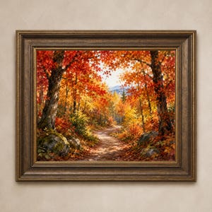 Könnte beinhalten: Ein gerahmtes Landschaftsgemälde, das einen Waldweg im Herbst darstellt. Die Szene zeigt leuchtend rote, orange und gelbe Ahornblätter an den Bäumen, moosbewachsene Felsen entlang des Pfades und einen Blick auf ferne Berge in einem dunklen Bronzerahmen.