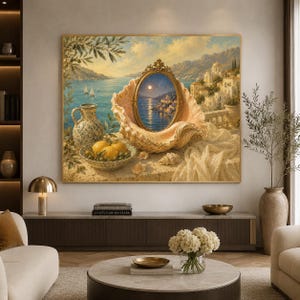 Vintage Conch Shell Mirror, Surreal Mediterranean Village Printable Wall Art (Digital Download) 247