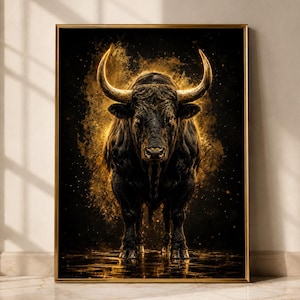 Könnte beinhalten: Ein rechteckiger Wandkunstdruck mit einem kraftvollen schwarzen Stier in der Mitte. Der Stier ist von einer leuchtenden goldenen Aura und Lichtpartikeln vor einem dunklen Hintergrund umgeben. Das Kunstwerk ist in einem dünnen, goldenen Metallrahmen gefasst.