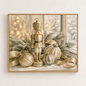 May include: A framed wall art print featuring a nutcracker figurine standing among frosted pine branches, two striped gold and silver ornaments, and a flowing gold ribbon. The scene is set against a window with soft, glowing bokeh lights.