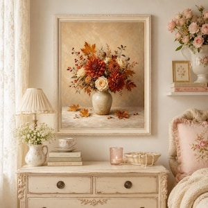 Autumn Floral Bouquet, Rust Dahlias Ceramic Vase Printable Wall Art (Digital Download) 186