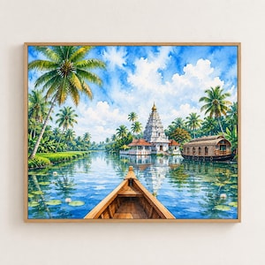 Könnte beinhalten: Ein gerahmtes Aquarellbild, das ein Holzboot auf einem ruhigen Fluss zeigt, der zu einem weißen Tempel führt. Die Szene umfasst üppige grüne Palmen, ein traditionelles Hausboot auf der rechten Seite und einen hellblauen Himmel mit weißen Wolken.