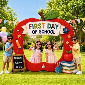 May include: A large red apple-shaped photo frame with the text FIRST DAY OF SCHOOL, featuring a small chalkboard with the words Dream Learn Grow, a stack of books, a pencil holder, and colourful star and pencil decorations on a green lawn.