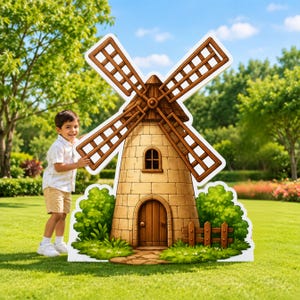 Puede incluir: Un letrero de jardín grande, plano y troquelado que muestra un molino de viento estilo caricatura con una base de piedra, una puerta de madera, una ventana pequeña y aspas marrones, rodeado de arbustos verdes y una pequeña valla de madera.