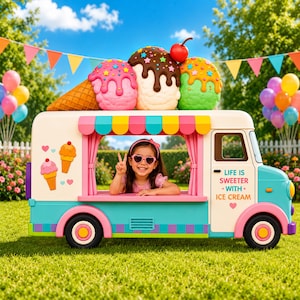 May include: A toy ice cream van with a large ice cream cone display on the roof, featuring pink, white, and green scoops with sprinkles and a cherry. The side of the van displays the text LIFE IS SWEETER WITH ICE CREAM and colourful ice cream cone graphics.