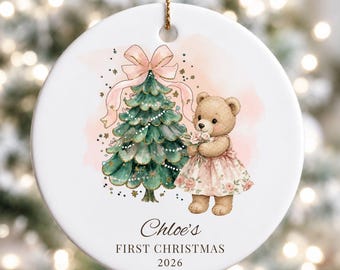 Baby Girl's First Christmas Ornament 2026 Personalized, Custom Name Ceramic Keepsake Teddy Bear Design, Newborn Girl Gift, Christmas Gift