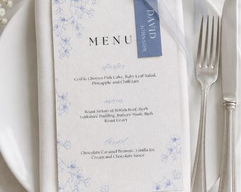 Elegant Baby Blue Floral Wedding Menu & Name Card Set | Bridgerton-Inspired Canva Template