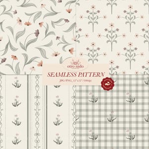 May include: A collection of four seamless digital patterns featuring floral and geometric motifs in muted tones of cream, sage green, and dusty pink. The designs include scattered flowers, symmetrical floral arrangements, vertical stripes, and a gingham grid.
