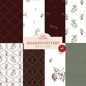 May include: A collection of eight seamless digital patterns featuring holiday themes including dark red plaid, white backgrounds with mistletoe sprigs, red berries, and green pine trees. A central label displays the text otro nido SEAMLESS PATTERN JPG/12"x12"/300dpi.
