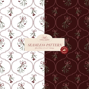 Può includere: Un motivo senza cuciture caratterizzato da una griglia quadrifoglio ripetuta con rametti di vischio disegnati a mano e legati con fiocchi. Il design è presentato in due varianti di colore: sfondo bianco e sfondo bordeaux scuro. Il testo recita otro nido SEAMLESS PATTERN JPG/PNG/30,48cm x 30,48cm/300dpi.